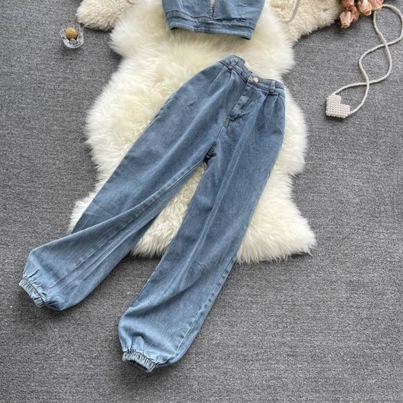 Sexy Backless Denim Sling Top and Long Pants Two Piece Set - Picture 3 of 3